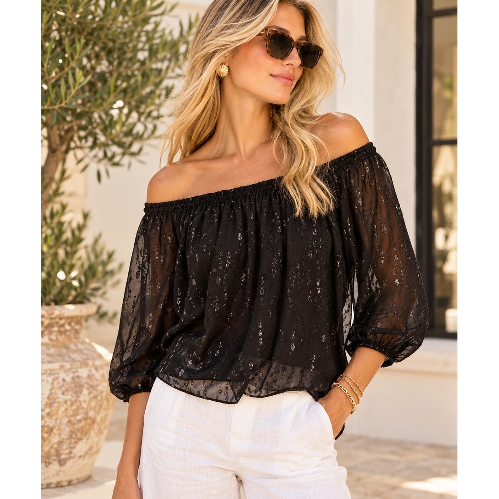 Lilly Pulitzer Black Metallic Silk Off Shoulder Blouse Top Size S